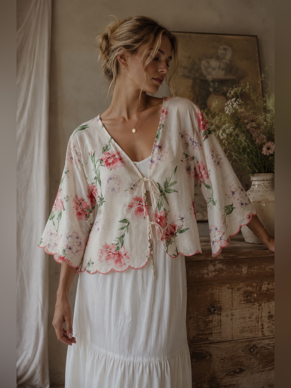 Laura Ashley Floral Linen Blend Tie-Front Blouse | Cottagecore Scallop Trim Top